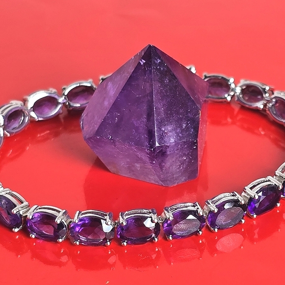 925 Sterling Silver Bracelet 7.0" with Natural Amethyst 6x8mm Gemstone - Picture 1 of 10